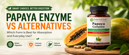 Papaya enzyme for digestion shown with fresh papaya and supplement capsule forms
