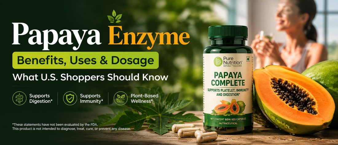 Fresh papaya and capsules representing papaya enzyme for digestion