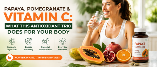 Adult enjoying fresh papaya with papaya supplement for immune and digestive health.