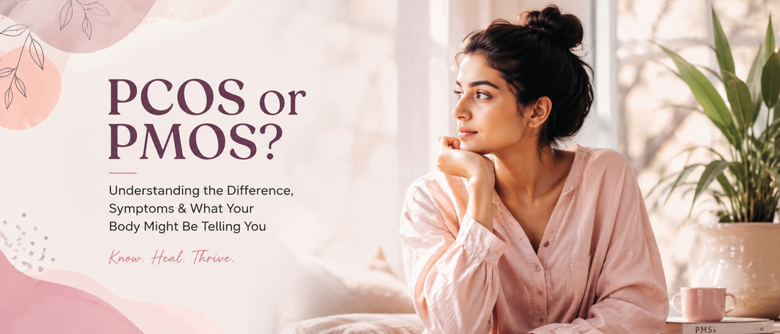 Young woman sitting thoughtfully near a window with soft pastel tones, representing awareness and understanding of PCOS vs PMOS symptoms and women’s hormonal health.