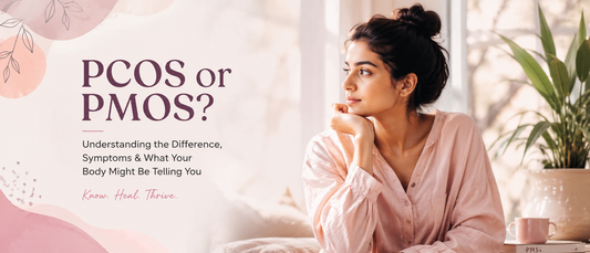 Young woman sitting thoughtfully near a window with soft pastel tones, representing awareness and understanding of PCOS vs PMOS symptoms and women’s hormonal health.