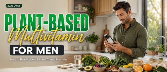 Healthy man comparing a plant-based multivitamin for men while reading the supplement label.