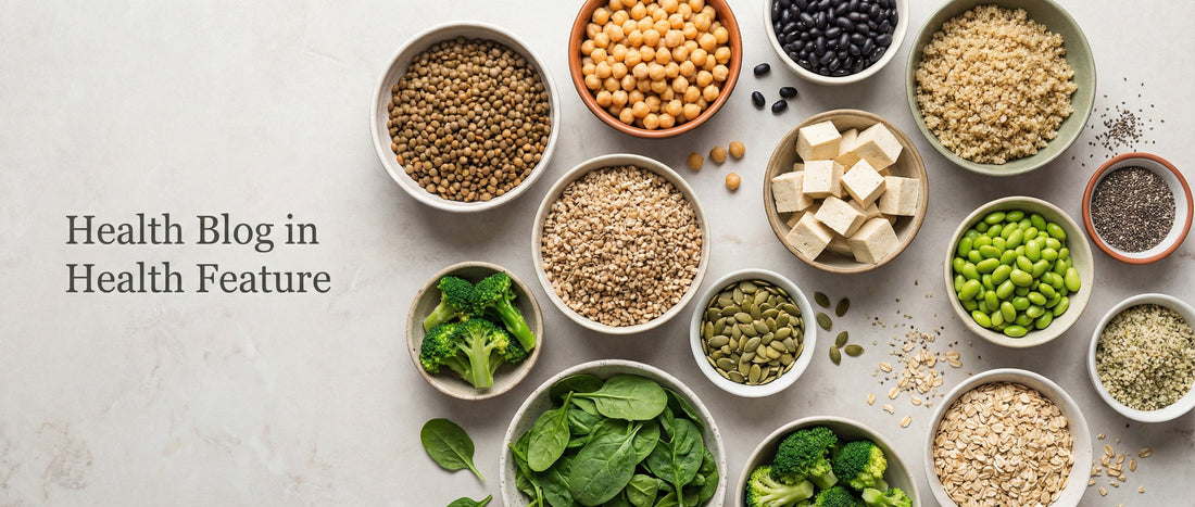 A selection of plant-based protein foods including lentils, chickpeas, tofu, quinoa, seeds, and vegetables arranged on a neutral background.