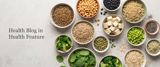 A selection of plant-based protein foods including lentils, chickpeas, tofu, quinoa, seeds, and vegetables arranged on a neutral background.