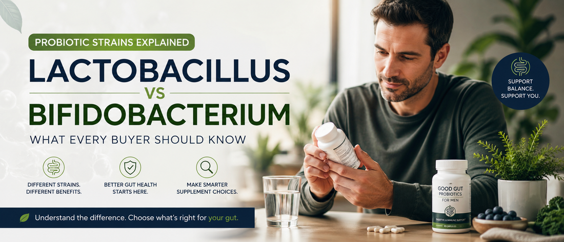 Adult reviewing a probiotic supplement label for gut health support