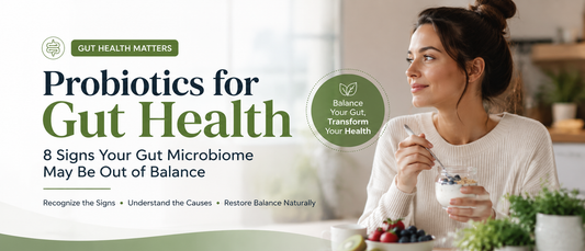 Adult experiencing digestive discomfort while learning about probiotics for gut health