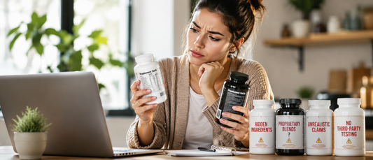 Woman comparing supplement bottles online while checking ingredient labels and warning signs