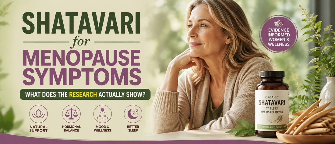 Woman in her early 50s holding a cup of herbal tea while learning about shatavari for menopause symptoms.