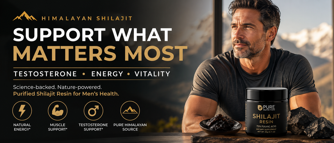 Middle-aged man holding purified shilajit resin while supporting healthy testosterone and vitality