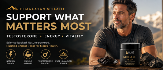 Middle-aged man holding purified shilajit resin while supporting healthy testosterone and vitality