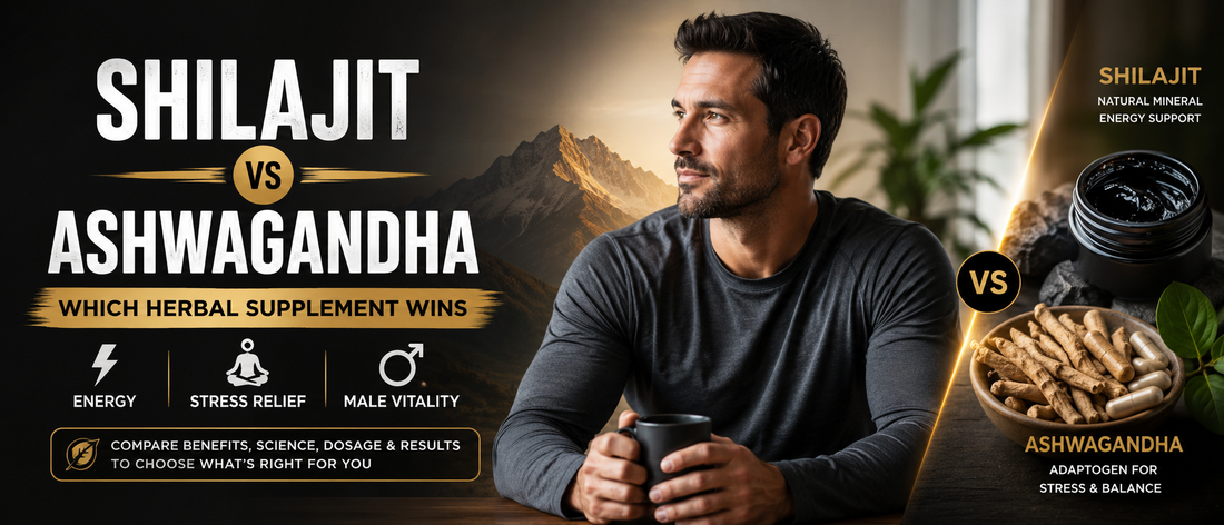 Healthy man comparing purified shilajit resin and ashwagandha supplements for energy and male vitality.