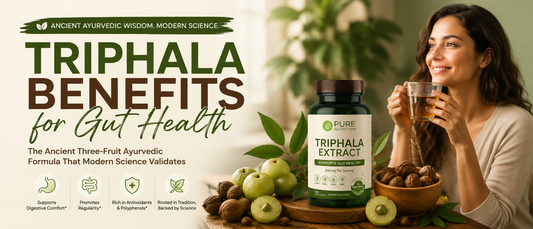 Woman holding a bottle of Triphala supplement while preparing a healthy breakfast for gut health.