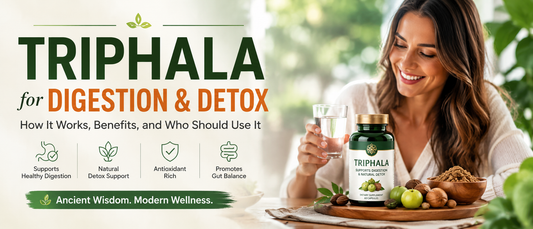 Woman holding a bottle of Triphala supplement while enjoying a healthy breakfast to support digestion and gut health.