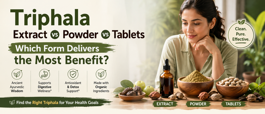Healthy adult comparing Triphala tablets, powder, and extract for digestive health.