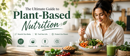 Healthy woman preparing a balanced plant-based meal with vegetables, grains, and supplements in a modern kitchen