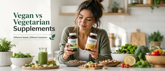 Woman comparing vegan and vegetarian supplements at kitchen table