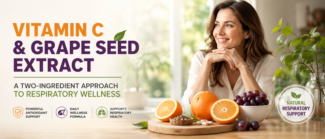 Vitamin C for lung health with oranges, grapes, and grape seed extract supplement capsules
