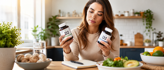 Woman comparing vitamin D3 and D2 supplements for health and wellness