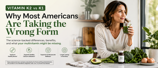 Vitamin K2 vs K1 supplement comparison shown through healthy food choices in a modern American kitchen.