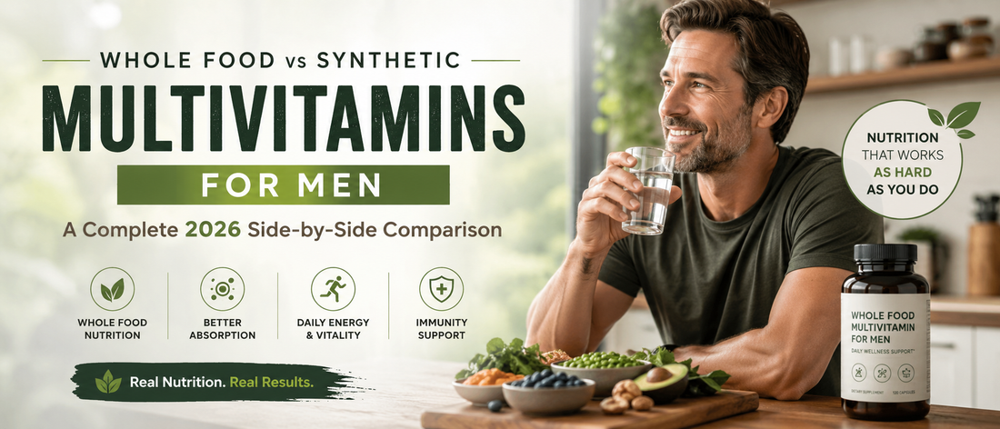 Healthy man comparing a whole food multivitamin for men with fresh fruits and vegetables on a kitchen counter.