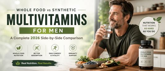 Healthy man comparing a whole food multivitamin for men with fresh fruits and vegetables on a kitchen counter.