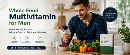 Healthy man reviewing a whole food multivitamin for men alongside nutritious foods