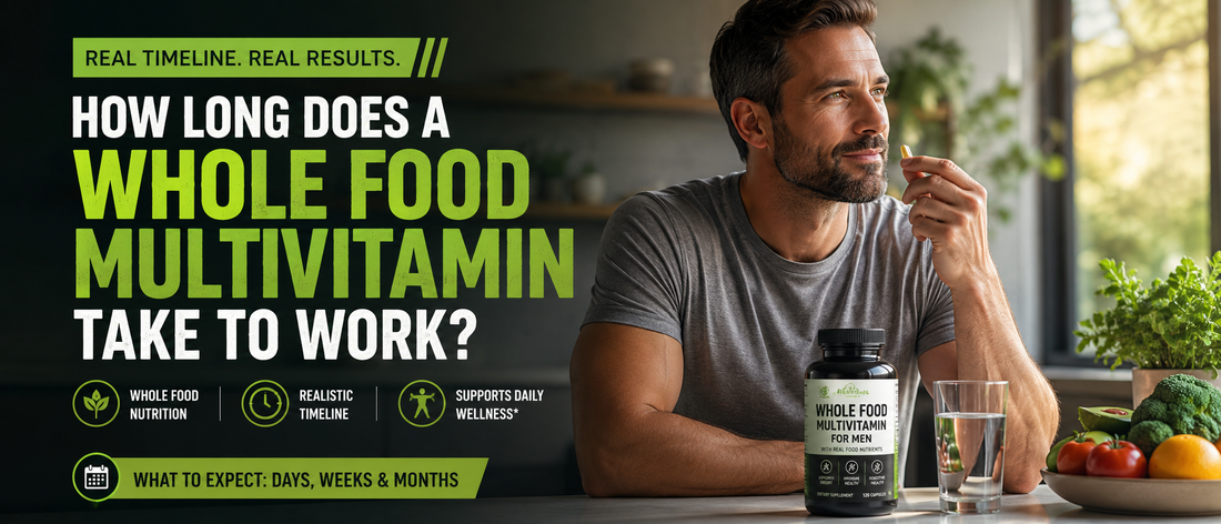 Healthy man taking a whole food multivitamin for men with breakfast in a bright kitchen.