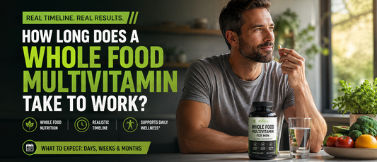 Healthy man taking a whole food multivitamin for men with breakfast in a bright kitchen.