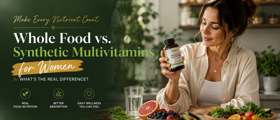 Woman comparing whole food multivitamin ingredients with vitamin supplements