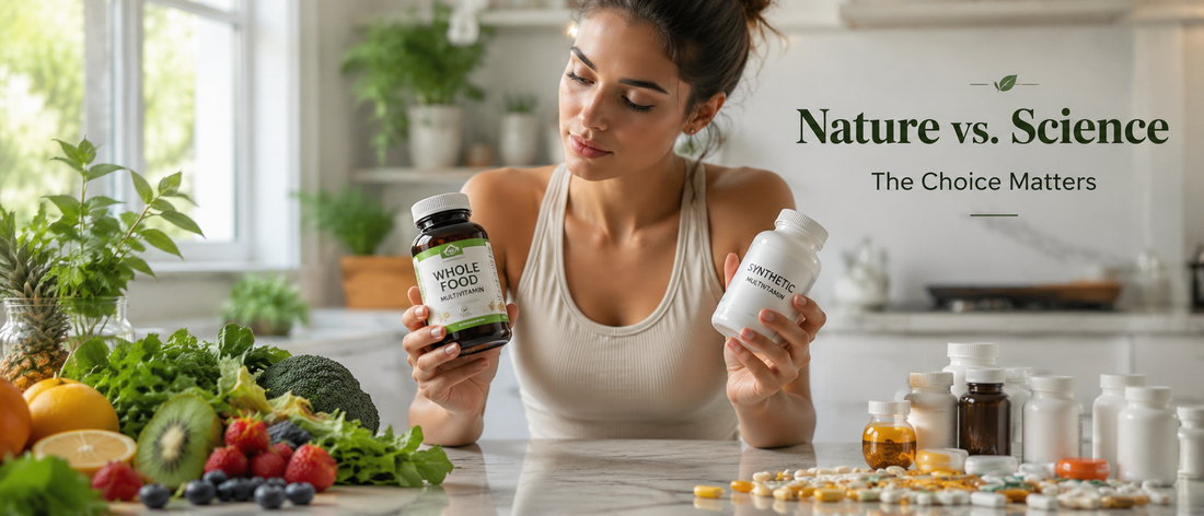 Woman comparing whole food vitamins and synthetic supplements on kitchen counter