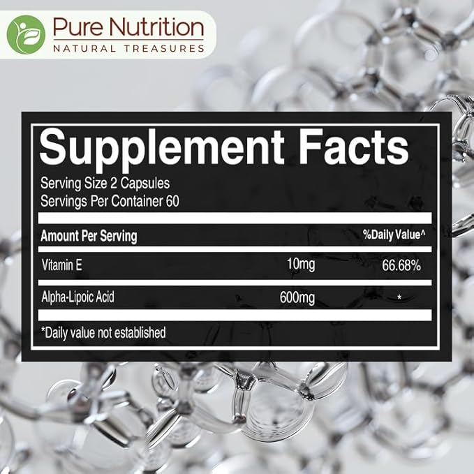 Pure Nutrition Alpha-Lipoic Acid (ALA) + Vitamin E 610 mg Veg Capsules – 120 Count