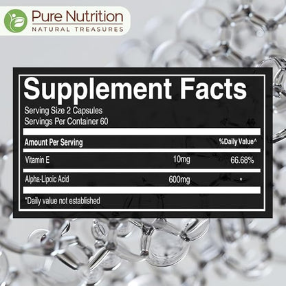 Pure Nutrition Alpha-Lipoic Acid (ALA) + Vitamin E 610 mg Veg Capsules – 120 Count