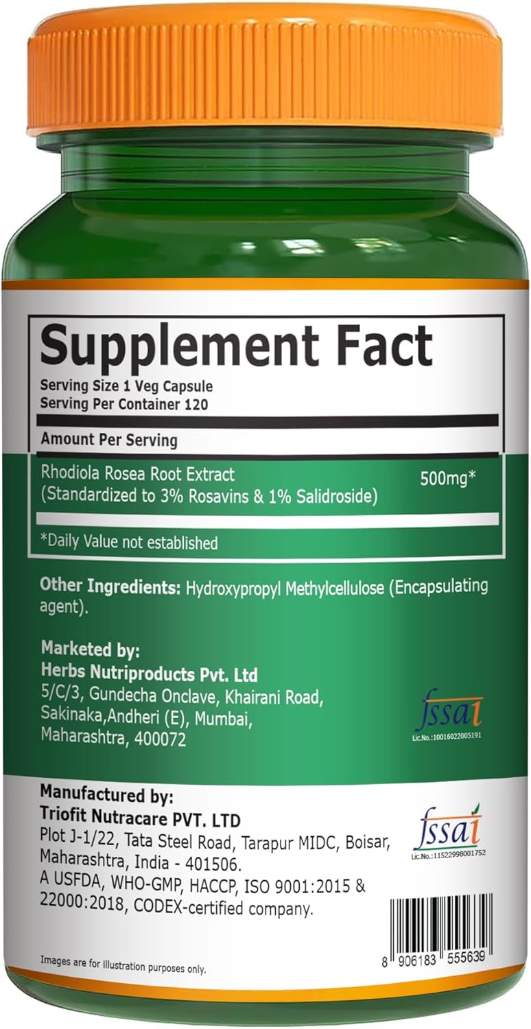 Rhodiola Rosea 500mg | 120 Veg Capsules | 3% Rosavins & 1% Salidroside | Adaptogenic Herb | Non-GMO