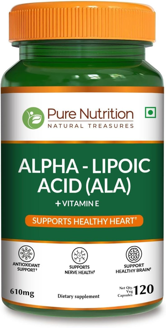Pure Nutrition Alpha-Lipoic Acid (ALA) + Vitamin E 610 mg Veg Capsules – 120 Count