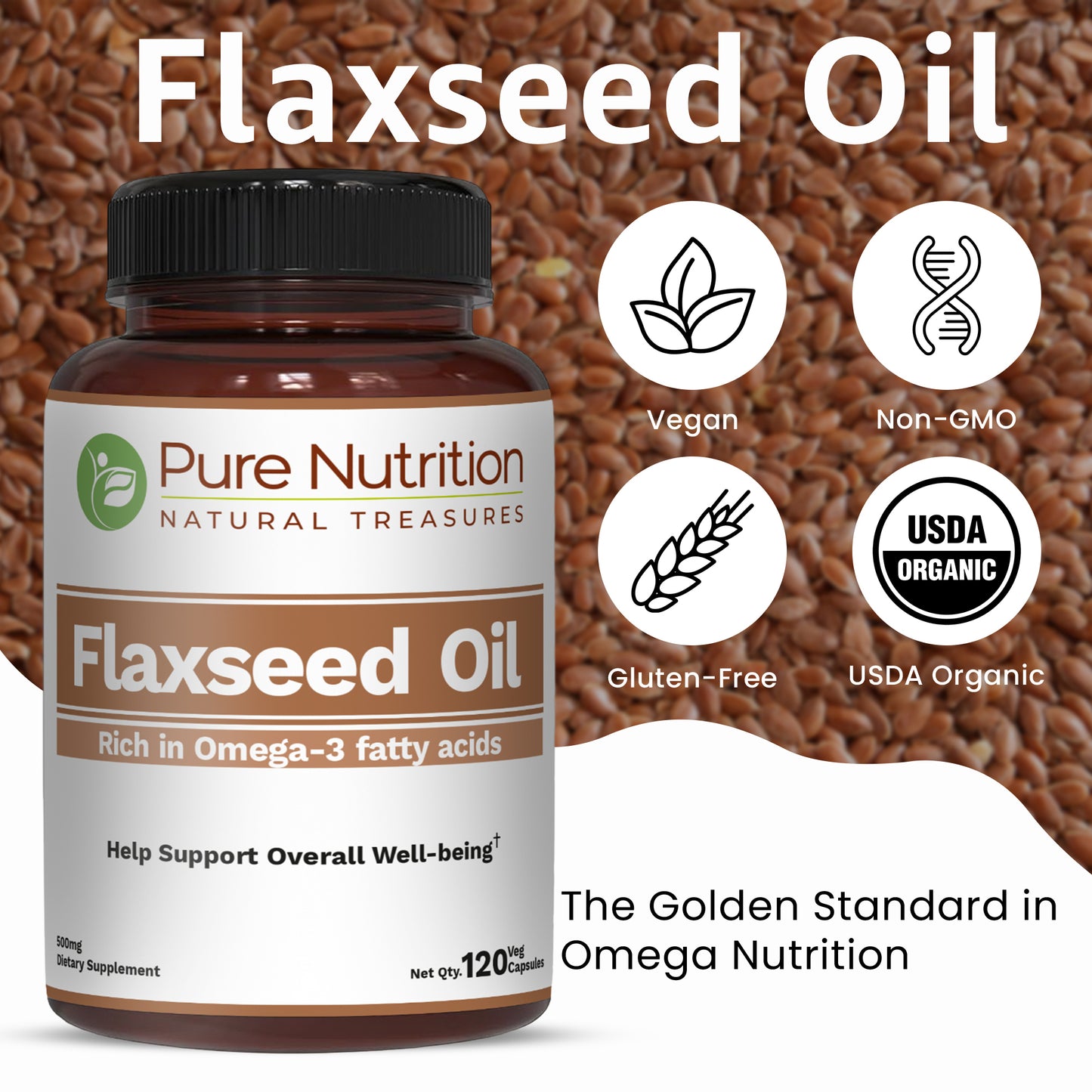Pure Nutrition Flaxseed Oil 1000mg – 120 Veg Capsules | Rich in Omega-3, Omega-6 & Omega-9 | Supports General Wellness