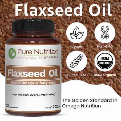 Pure Nutrition Flaxseed Oil 1000mg – 120 Veg Capsules | Rich in Omega-3, Omega-6 & Omega-9 | Supports General Wellness