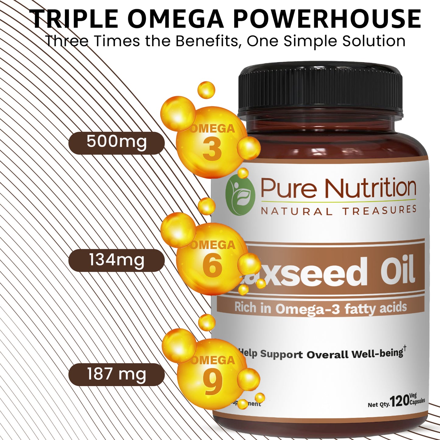 Pure Nutrition Flaxseed Oil 1000mg – 120 Veg Capsules | Rich in Omega-3, Omega-6 & Omega-9 | Supports General Wellness