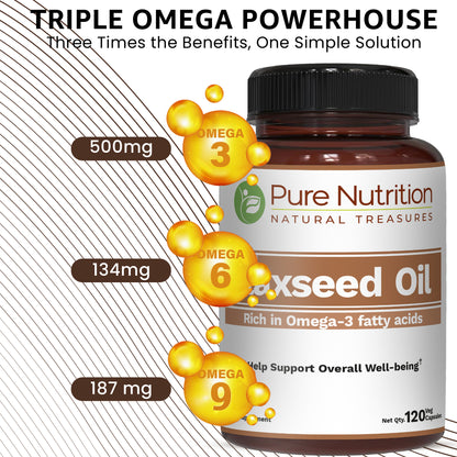 Pure Nutrition Flaxseed Oil 1000mg – 120 Veg Capsules | Rich in Omega-3, Omega-6 & Omega-9 | Supports General Wellness