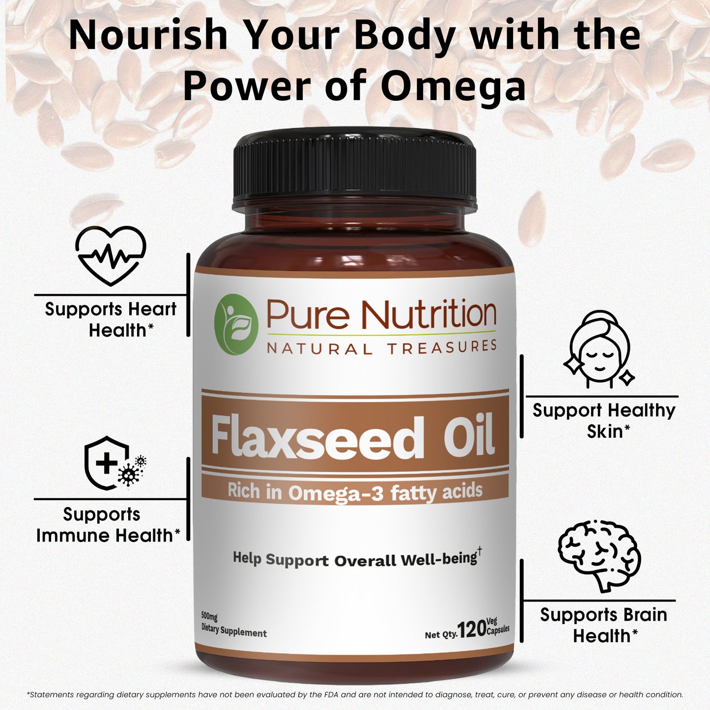 Pure Nutrition Flaxseed Oil 1000mg – 120 Veg Capsules | Rich in Omega-3, Omega-6 & Omega-9 | Supports General Wellness
