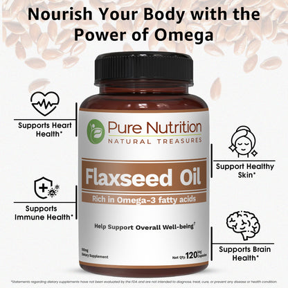 Pure Nutrition Flaxseed Oil 1000mg – 120 Veg Capsules | Rich in Omega-3, Omega-6 & Omega-9 | Supports General Wellness