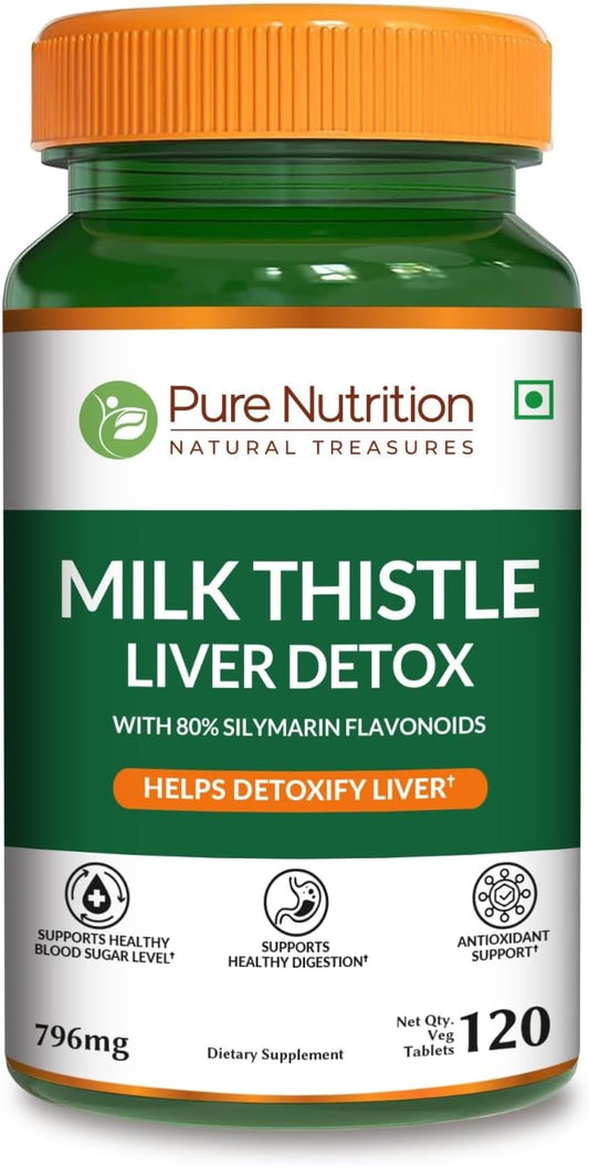 Pure Nutrition Milk Thistle Liver Detox with 80% Silymarin Flavonoids – 796 mg Veg Tablets (120 Count)