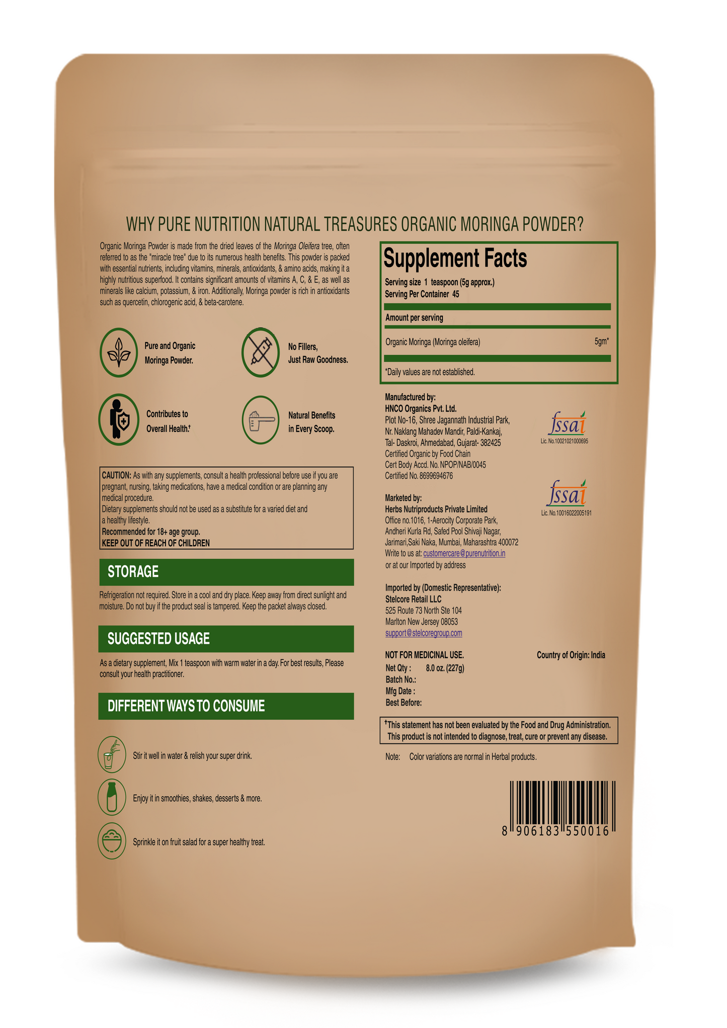 Pure Nutrition Organic Moringa Powder | 227 g