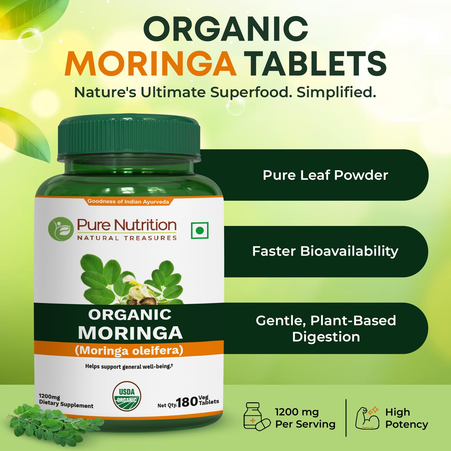 Pure Nutrition Organic Moringa Tablets – 1200 mg