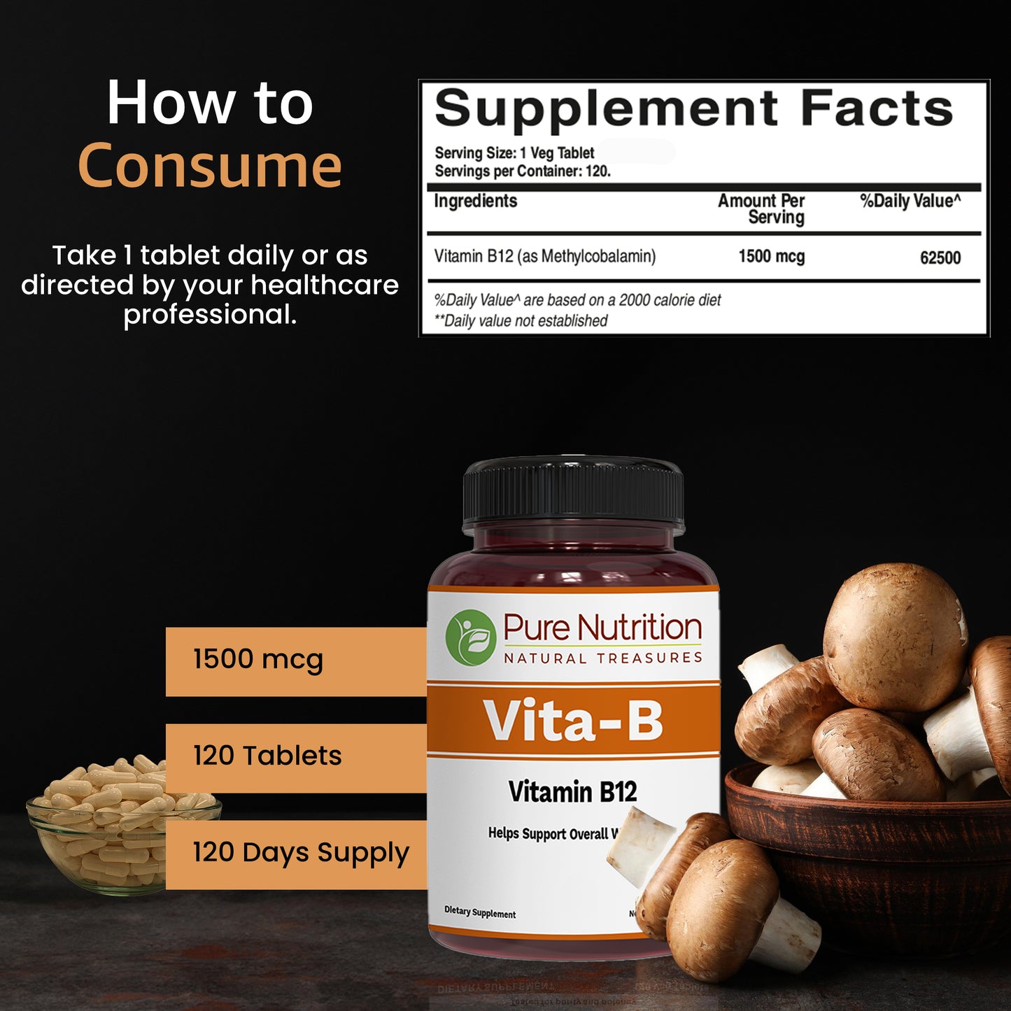 Pure Nutrition Vita-B – Vitamin B12 (Methylcobalamin) | 120 Veg Tablets