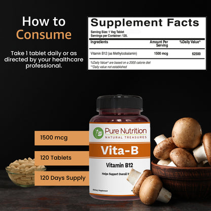 Pure Nutrition Vita-B – Vitamin B12 (Methylcobalamin) | 120 Veg Tablets